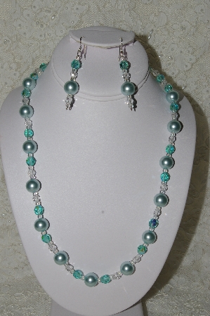 +MBAHB #19-329  "Large Blue Glass Pearls, AB Aqua Blue Fire Polished & Clear Glass Bead Necklace & Earring Set"