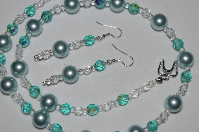 +MBAHB #19-329  "Large Blue Glass Pearls, AB Aqua Blue Fire Polished & Clear Glass Bead Necklace & Earring Set"