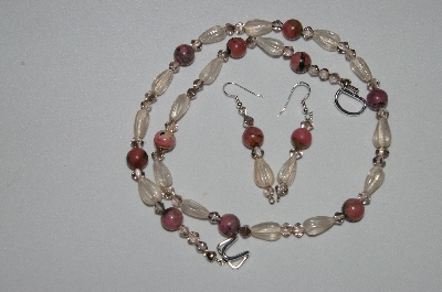 +MBAHB #19-309   "Rhodonlite, Clear Luster Glass & Smoke Glass Bead Necklace & Earring Set"