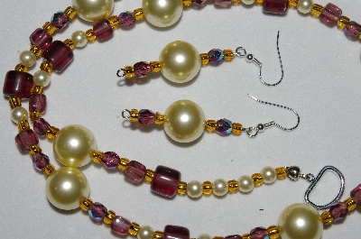 +MBAHB #19-458  "Yellow Glass Pearls, Purple Glass & Gold Glass Bead Necklace & Earring Set"