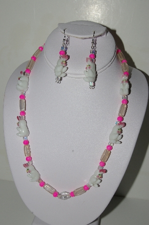 +MBAHB #19-453  "Fancy Lamp Work Glass Bunny Beads, Bright Pink, Clear Luster Glass & AB Glass Bead Necklace & Earring Set"