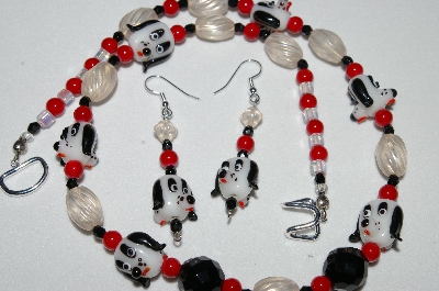 +MBAHB #19-447  "Fancy Lamp Worked Glass Dog Beads, Black Crystal, Red Glass & Clear Luster Glass Bead Necklace & Earring Set"