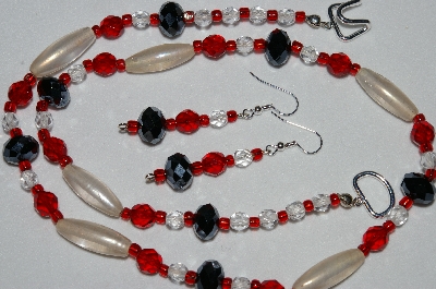 +MBAHB #19-325  "Fancy Black Matalic Crystal, Clear Luster Glass & Red Fire Polished Glass Bead Necklace & Earring Set"