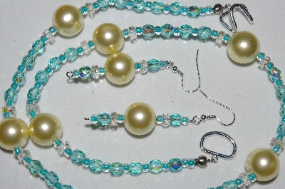 +MBAHB #19-368  "Large Yellow Glass Pearl, Clear Crystal & Fancy Aqua Blue Fire Polished Glass Bead Necklace & Earring Set"