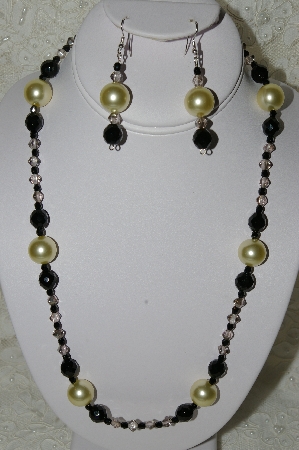 +MBAHB #19-359  "Large Yellow Glass Pearl,  Black Crystal & Smoke Glass Bead Necklace & Earring Set"