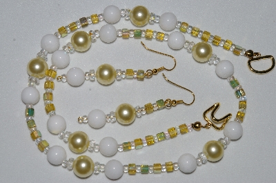 +MBAHB #19-421  "White Jade,Yellow Glass Pearls, Clear Crystal & Yellow AB Glass Bead Necklace & Earring Set"