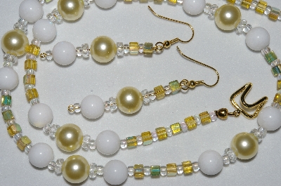 +MBAHB #19-421  "White Jade,Yellow Glass Pearls, Clear Crystal & Yellow AB Glass Bead Necklace & Earring Set"