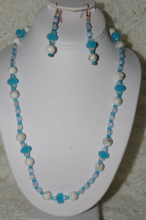 +MBAHB #19-411  "Howlite, Fancy Faceted Blue Crystal, Clear Crystal & Frosted Blue Fire Polished Glass Bead Necklace & Earring Set"