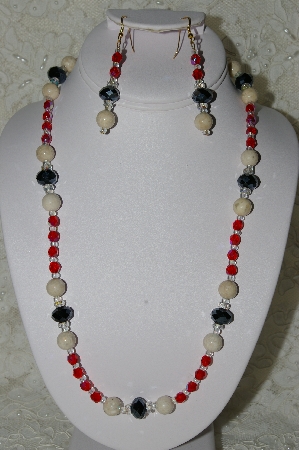 +MBAHB #19-402  "River Stone, Fancy Faceted Black Crystal, Clear Crystal & Red Firepolished Glass Bead Necklace & Earring Set"