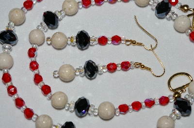 +MBAHB #19-402  "River Stone, Fancy Faceted Black Crystal, Clear Crystal & Red Firepolished Glass Bead Necklace & Earring Set"