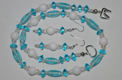 +MBAHB #19-392  "White Jade, Clear Crystal & Aqua Blue Glass Bead Necklace & Earring Set"