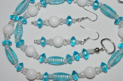 +MBAHB #19-392  "White Jade, Clear Crystal & Aqua Blue Glass Bead Necklace & Earring Set"