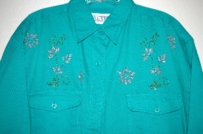 +MBAHB #25-035  "Full Steam Bright Green Floral Hand Beaded Top"