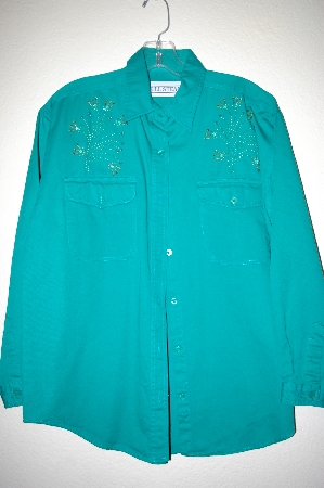 +MBAHB #25-046  "Full Steam Bright Green Fancy Floral Beaded Shirt"