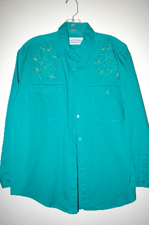 +MBAHB #25-046  "Full Steam Bright Green Fancy Floral Beaded Shirt"