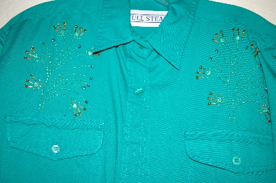 +MBAHB #25-046  "Full Steam Bright Green Fancy Floral Beaded Shirt"