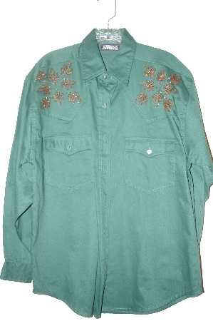 +MBAHB #25-016  "Manisha DK Green Fancy Hand Beaded Western Style Shirt"