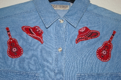 +MBAHB #25-125  "Retro Blue Denim Hand Embelished Front Tie Shirt"