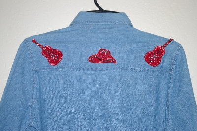 +MBAHB #25-125  "Retro Blue Denim Hand Embelished Front Tie Shirt"