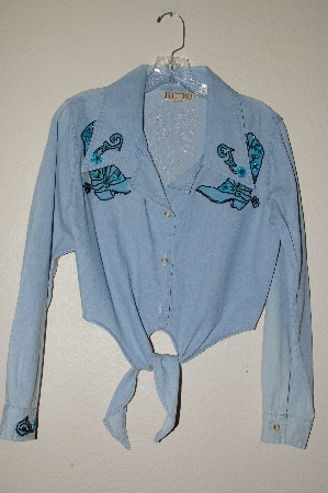 +MBAHB #13-076  "Retro 1980's Light Denim One Of A Kind Hand Beaded Front Tie Top"