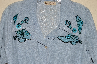 +MBAHB #13-076  "Retro 1980's Light Denim One Of A Kind Hand Beaded Front Tie Top"