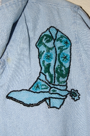 +MBAHB #13-076  "Retro 1980's Light Denim One Of A Kind Hand Beaded Front Tie Top"
