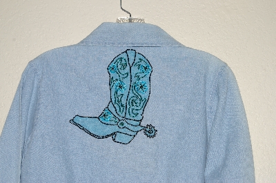 +MBAHB #13-076  "Retro 1980's Light Denim One Of A Kind Hand Beaded Front Tie Top"