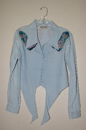 +MBAHB #13-064  "Retro 1980's Light Denim Hand Painted & Hand Beaded One Of A Kind Tie Front Shirt"