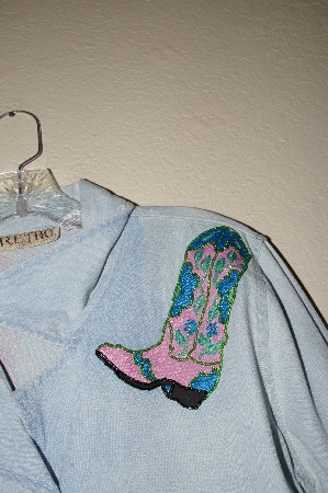 +MBAHB #13-064  "Retro 1980's Light Denim Hand Painted & Hand Beaded One Of A Kind Tie Front Shirt"