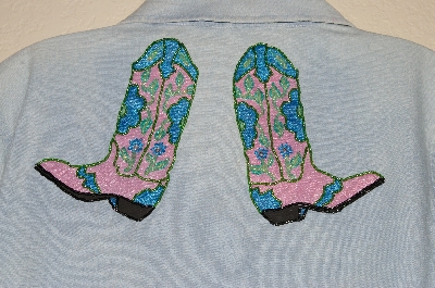 +MBAHB #13-064  "Retro 1980's Light Denim Hand Painted & Hand Beaded One Of A Kind Tie Front Shirt"