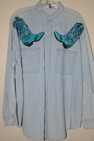+MBAHB #13-054  "Connections NYC Light Denim One Of A Kind Hand Painted & Beaded Shirt"