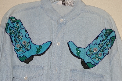 +MBAHB #13-054  "Connections NYC Light Denim One Of A Kind Hand Painted & Beaded Shirt"