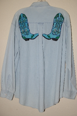 +MBAHB #13-054  "Connections NYC Light Denim One Of A Kind Hand Painted & Beaded Shirt"