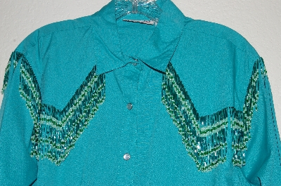 +MBAHB #13-047  "Sheplers 1980's Green One Of A Kind Fancy Glass Beaded Fringe Top"