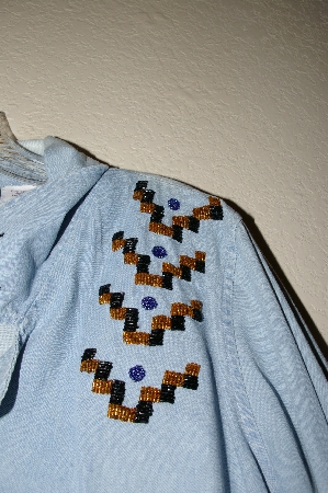+MBAHB #13-040  "Rertro 1980's One of a Kind Light Denim Hand Beaded Front Tie Shirt"