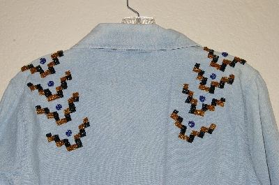 +MBAHB #13-040  "Rertro 1980's One of a Kind Light Denim Hand Beaded Front Tie Shirt"