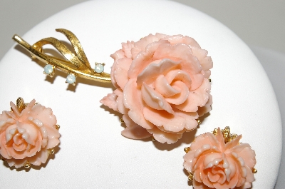 +MBA #88-514  "Vintage Pink Celluloid Rose Pin & Matching Earring Set"