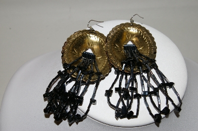 +MBA #85-278  "Black Enameled Concho, Black Onyx & Matalic Bead Earrings"