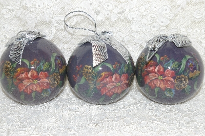 +MBA #SG9-218    "Set Of 3 Signed Tracy Porter Purple Poinsettia Paper Mache Christmas Ornaments"