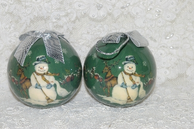 +MBA #SG9-222     "Set Of 6 Signed Tracy Porter Green Snowman Paper Mache Christmas Ornaments"