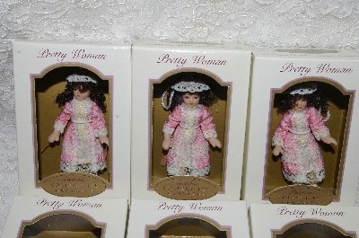 +MBA #SG9-016   "2004 Set Of 6 Brunette With Pink & Lace Pretty Women Porcelain Collectible Doll Ornaments"