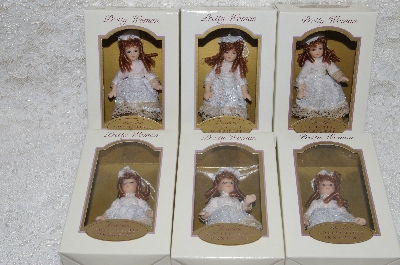 +MBA #SG9-029  "2004 Set Of 6 White With Lace Trim Red Headed Collectible Porcelain Doll Ornaments"