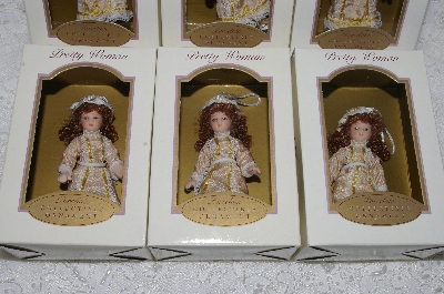 +MBA #SG9-036   "2004 Set Of 6 Beige With Lace Collectible Porcelain Doll Ornaments"