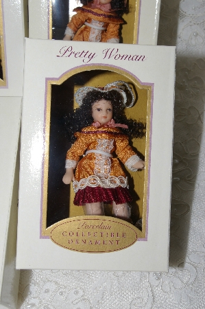 +MBA #SG9-046   "2004 Set Of 6 Peach & Maroon Brunette Collectible Porcelain Doll Ornaments"