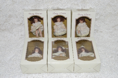 +MBA #SG9-050  "2004 Set Of 6 Cream With White Lace/Red Head Collectible Pretty Women Porcelain Doll Ornaments"
