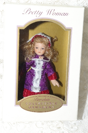 +MBA #SG9-057  "2004 Set Of 6 Pretty Women Purple/Red With White Lace Blonde Porcelain Collectible Doll Ornaments"