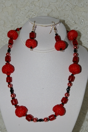+MBAHB #33-211  "Fancy Red Hand Bead Necklace & Matching Earring Set"