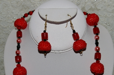 +MBAHB #33-211  "Fancy Red Hand Bead Necklace & Matching Earring Set"