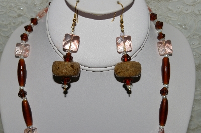 +MBAHB #33-195  "Hand Made Coffee Bead & Brown Glass Bead Necklace & Matching Earring Set"
