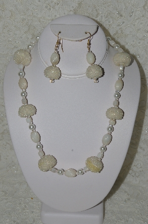 +MBAHB  #33-208  "Fancy Hand Made Clear AB Seed Bead Cluster Beads, White Luster Glass & White Glass Pearl Necklace & Matching Earring Set"